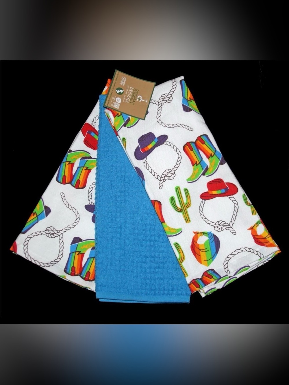 3 Deborah Connolly PRIDE Cowboy Boots Hats Cactus Ropes Bandanas Kitchen Towels